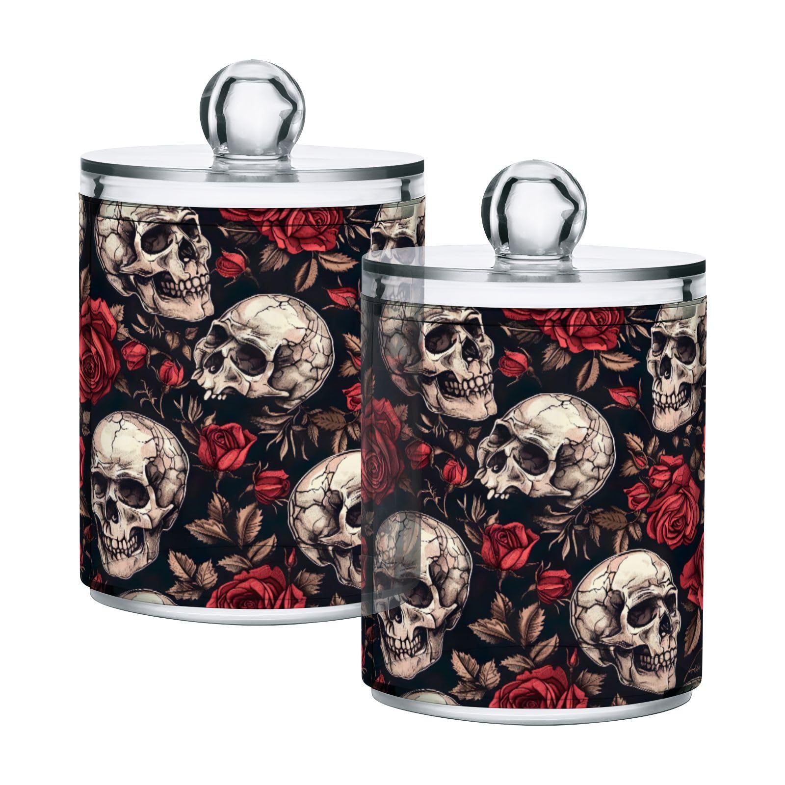 GOODOLD Skull and Roses Qtip Holder 2 Pack - 10 Oz Clear Plastic Apothecary Jar Set for Bathroom Organization - Versatile Canister Storage for Cotton Balls, Swabs, Rounds