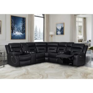 power recliner sectional, faux leather power reclining sectional couch, modular livingroom furniture sets with 2 storage console & 4 cup holders (black)