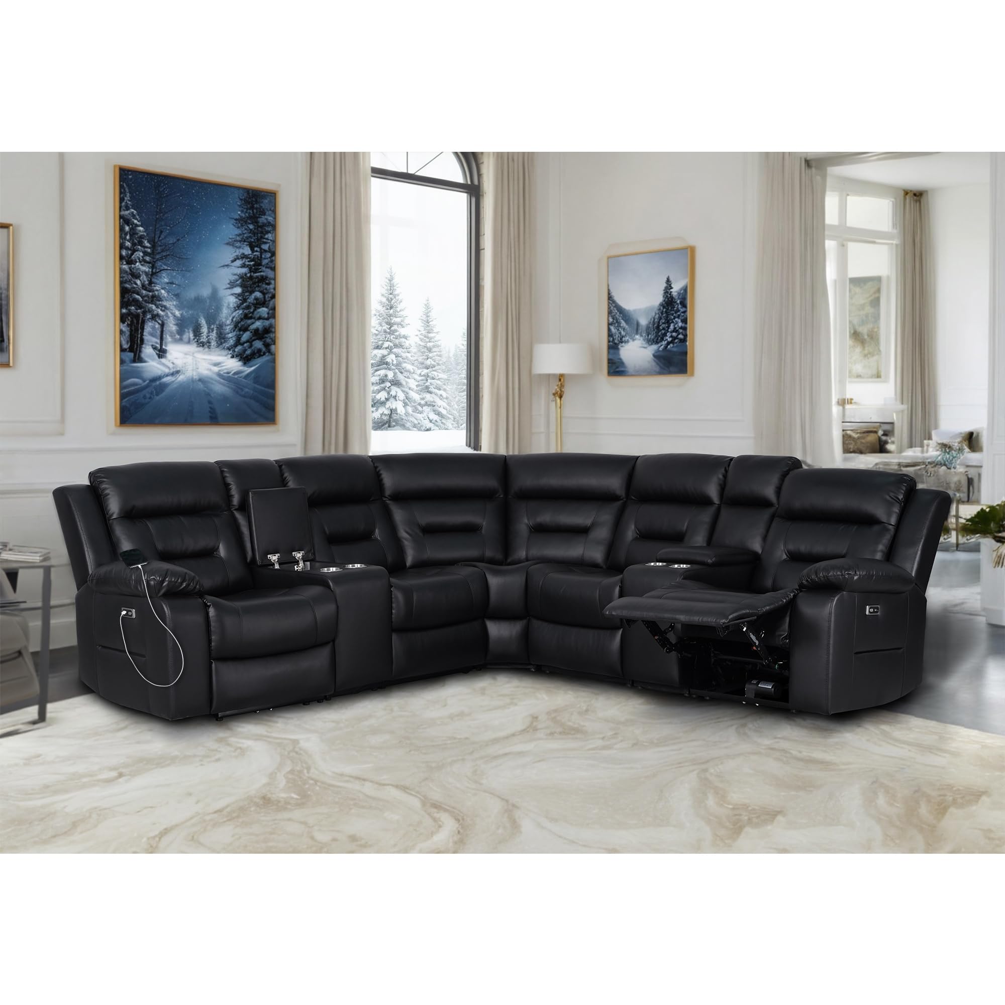 Power Recliner Sectional, Faux Leather Power Reclining Sectional Couch, Modular Livingroom Furniture Sets with 2 Storage Console & 4 Cup Holders (Black)