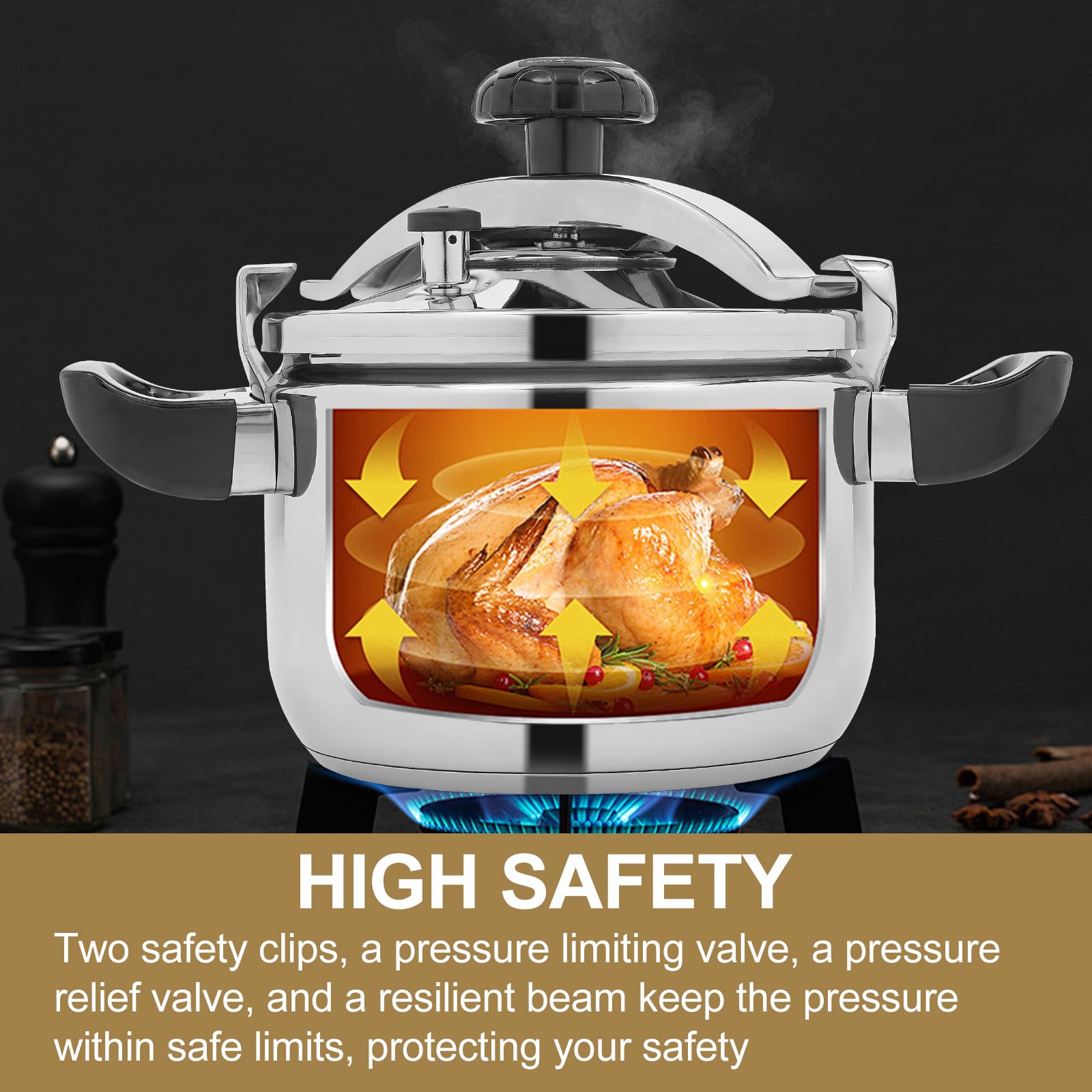 Stainless Steel Pressure Cooker 6.35 Qt Durable Pressure Canner High Safety Double Valves Quick Cooking Eco-Friendly Cookware for All Stoves Induction Gas Electric for Family Meals