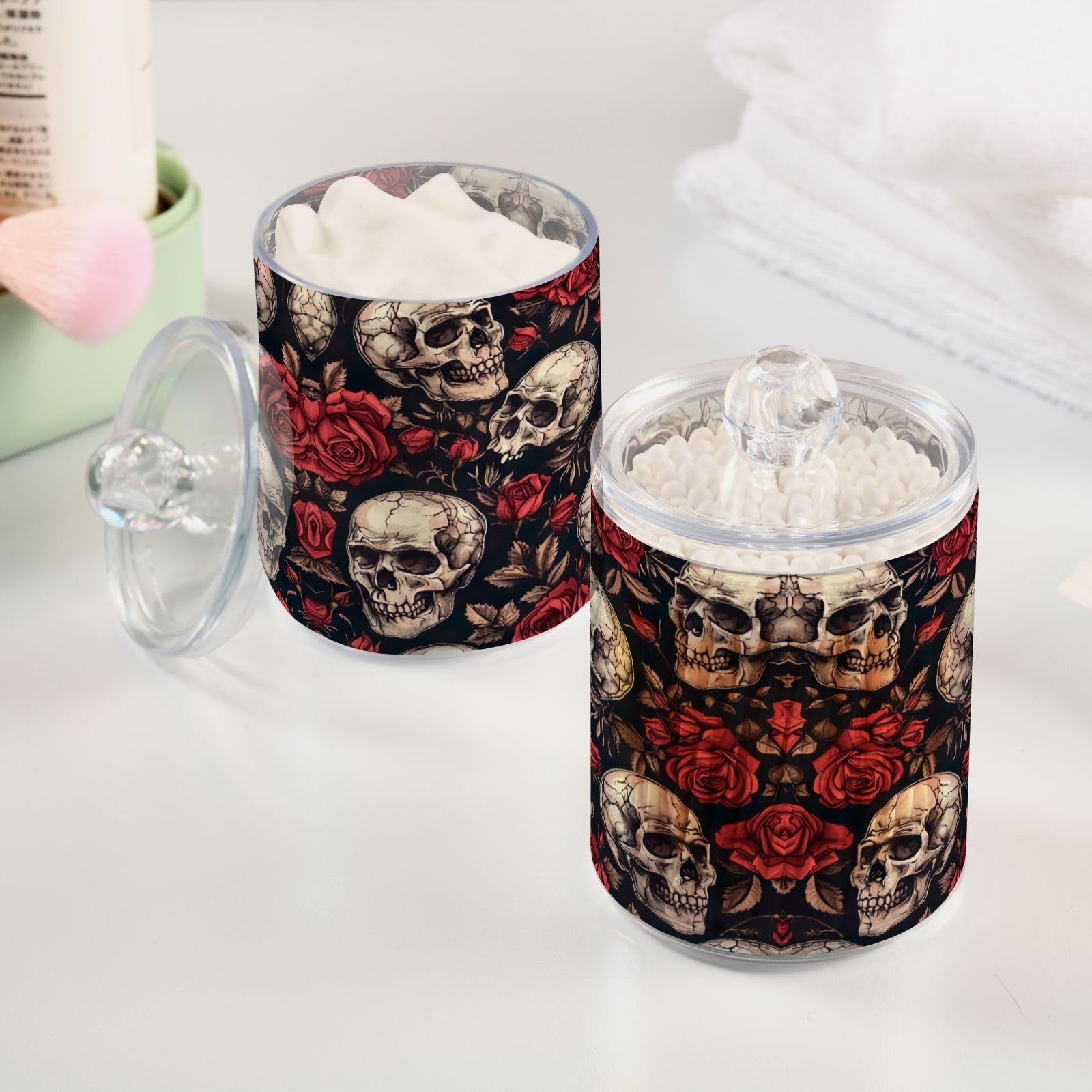 GOODOLD Skull and Roses Qtip Holder 2 Pack - 10 Oz Clear Plastic Apothecary Jar Set for Bathroom Organization - Versatile Canister Storage for Cotton Balls, Swabs, Rounds