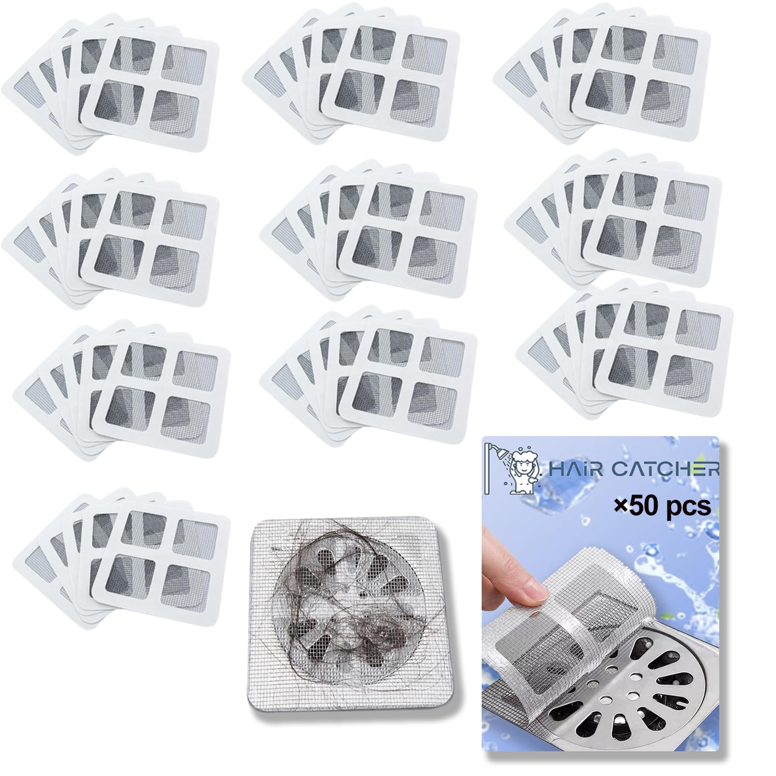 50pc-Pack Disposable Shower Drain Hair Catcher, Floor Drain Mesh Sticker Strainers, Shower Drain Cover for Bathtub, Bathroom and Kitchen Sink to Prevent Clogged Drains（ 4-inch quadrate