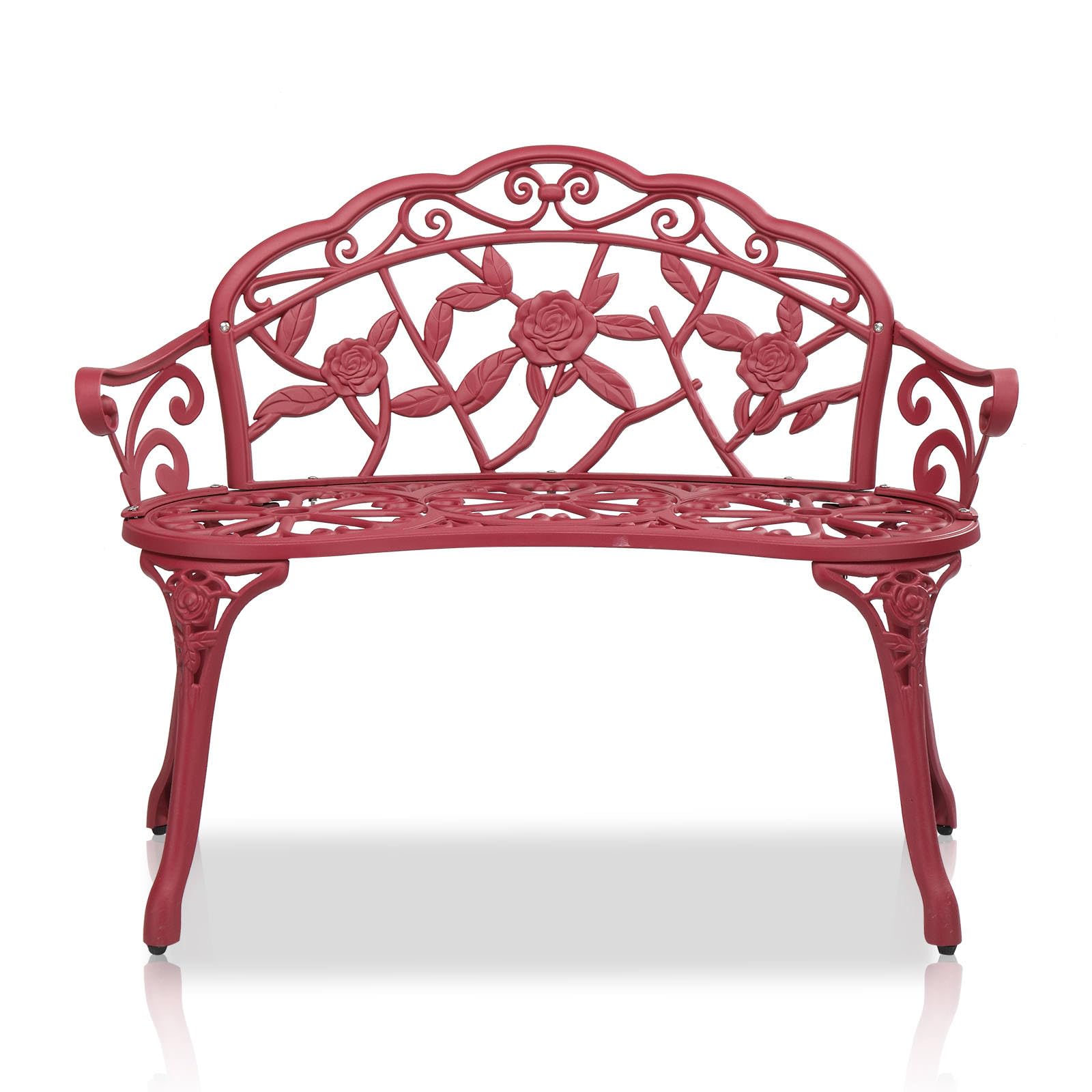 CIPACHO Outdoor Cast Aluminum Patio Bench, Garden Bench with Curved Legs Rose Pattern,Porch Bench Chair for Park Balcony Backyard Outdoor Furniture (Red)