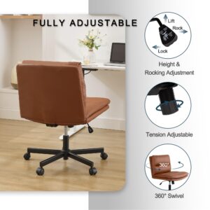 Okeysen Criss Cross Chair with Wheels, Armless Cross Legged Comfy Office Desk Chair, Modern PU Leather Height Adjustable Swivel Computer Task Chair with Wide Seat for Home, Office, Vanity Chair, Brown