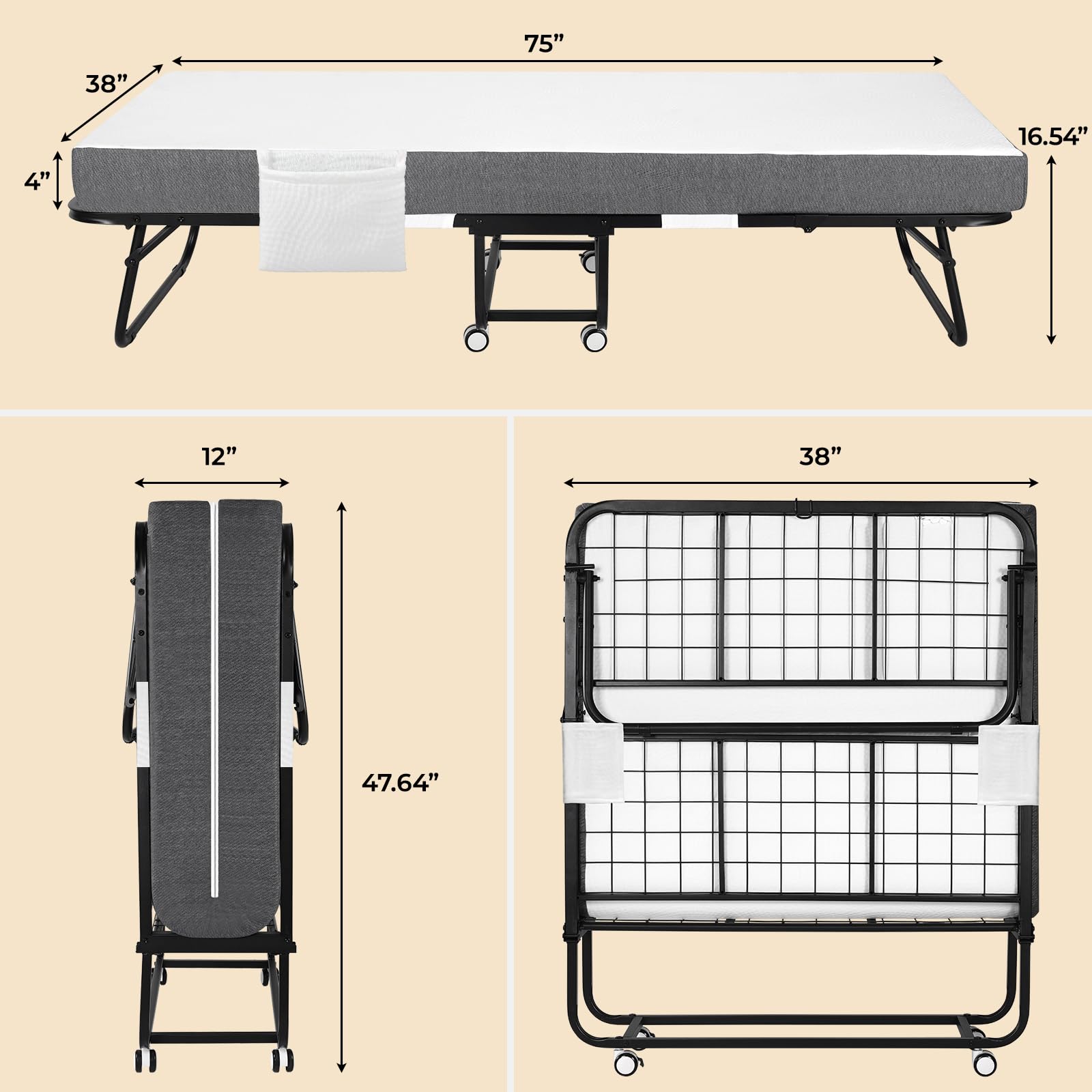 MAMIZO Portable Folding Bed with Mattress - 75" x 38" Twin Size Rollaway Bed with Mattress, with 4-inch Thick Luxurious Memory Foam Mattress and a Sturdy Metal Frame, Space Saving Roll Away Bed