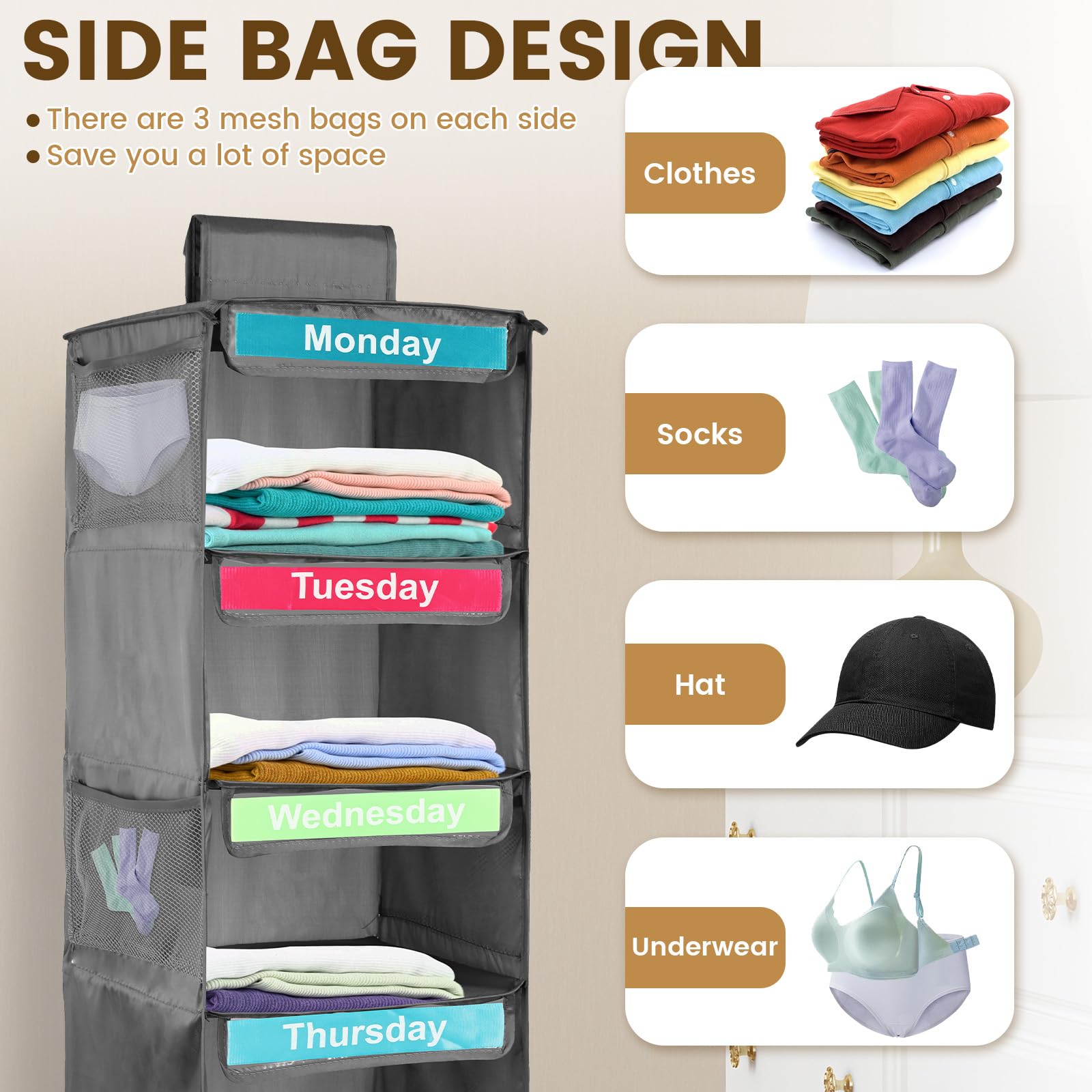 Weekly Clothes Organizer for Kids 5-Shelf Days of The Week Clothes Organizer Shelf Hanging Kids Closet Organizer Versatile Kids Weekly Clothes Organizer for Hats T-Shirts Bags Towels Underwear (Gray)