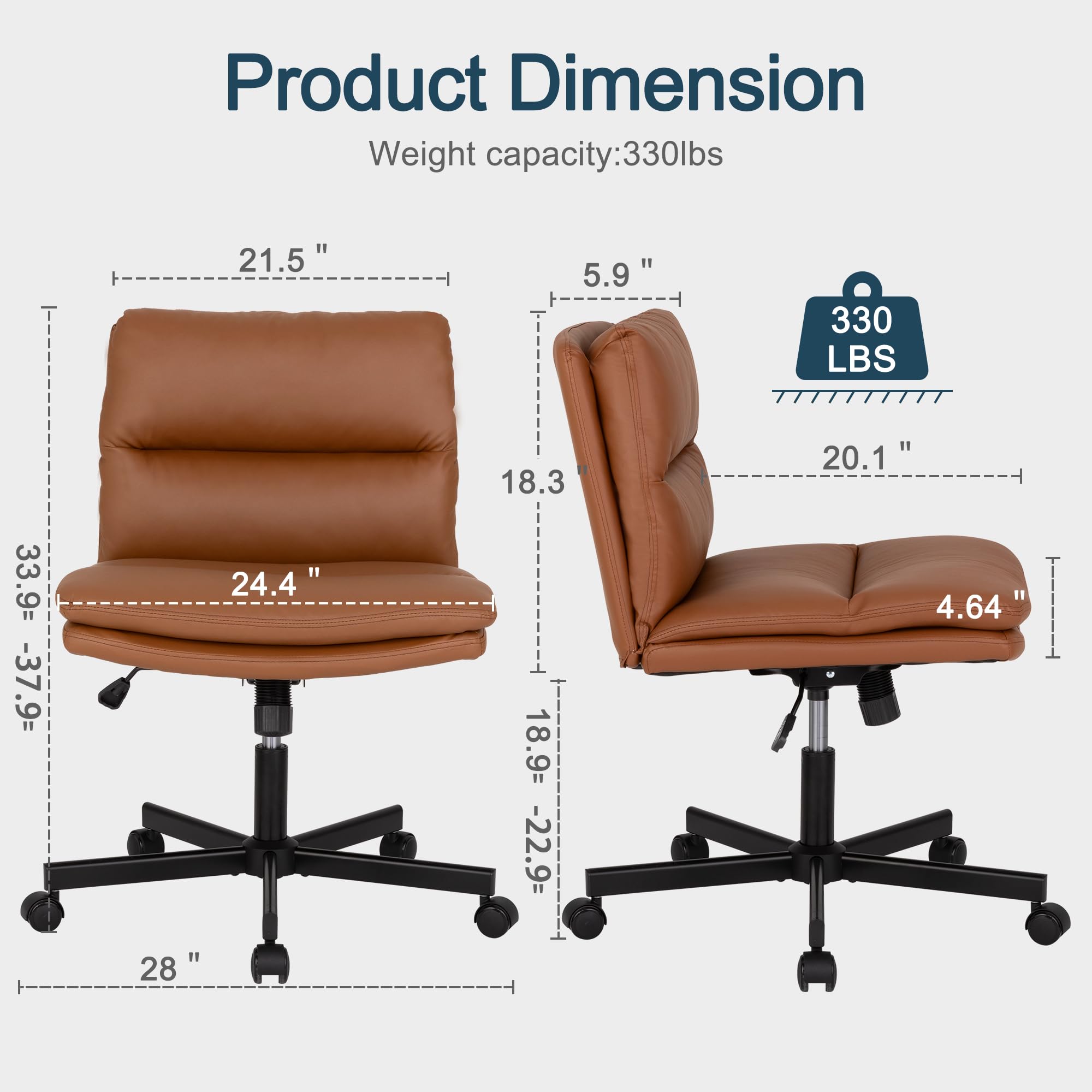 Okeysen Criss Cross Chair with Wheels, Armless Cross Legged Comfy Office Desk Chair, Modern PU Leather Height Adjustable Swivel Computer Task Chair with Wide Seat for Home, Office, Vanity Chair, Brown