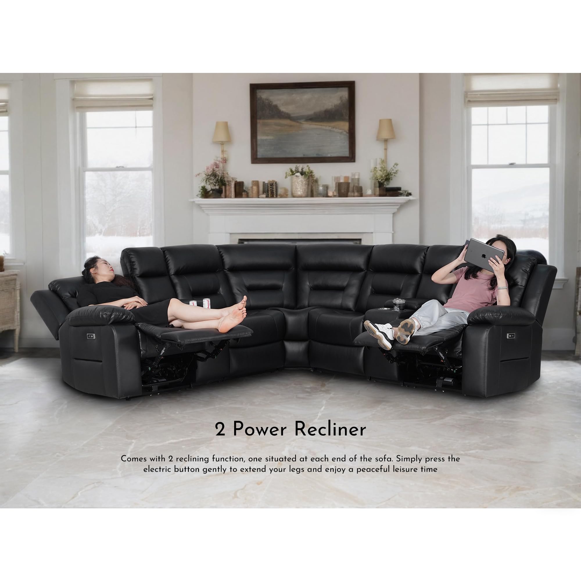 Power Recliner Sectional, Faux Leather Power Reclining Sectional Couch, Modular Livingroom Furniture Sets with 2 Storage Console & 4 Cup Holders (Black)