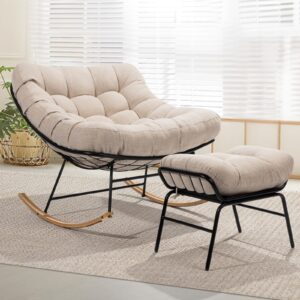 bme patio rocking chair outdoor & indoor with ottoman, metal patio lounge rocking chair with thick cushion, comfy modern rocker chair, beige cushion - wood texture rocker