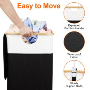 Laundry Hamper with Lid, 150L Large Laundry Basket with Bamboo Handles and Removable Bags, Collapsible Dirty Clothes Hamper, 2 Section Laundry Bin Organizer for Bedroom,Bathroom,Laundry Room, Black