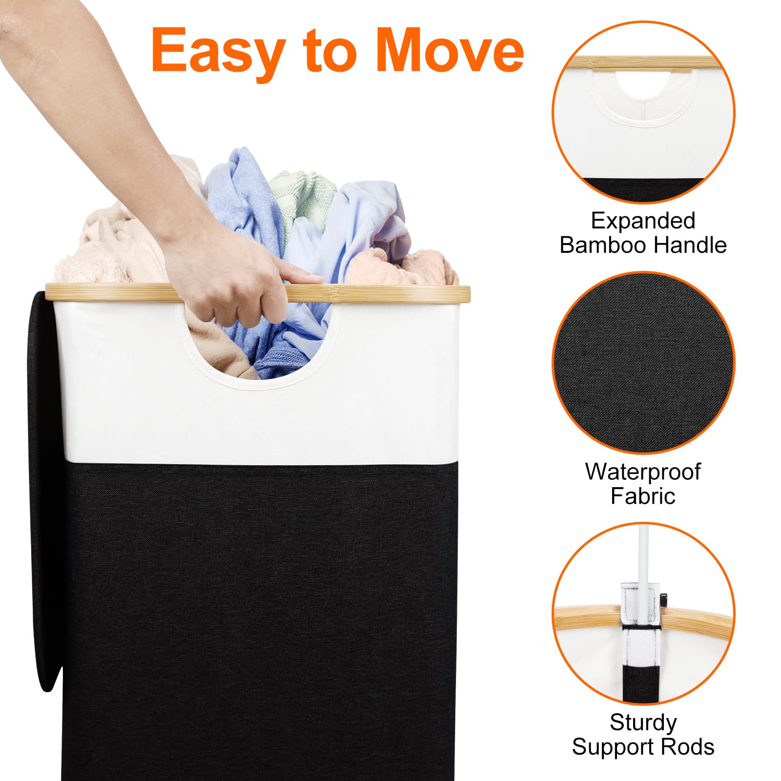 Laundry Hamper with Lid, 150L Large Laundry Basket with Bamboo Handles and Removable Bags, Collapsible Dirty Clothes Hamper, 2 Section Laundry Bin Organizer for Bedroom,Bathroom,Laundry Room, Black