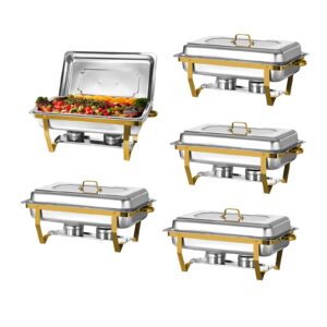 evgtti gold chafing dish buffet set, stainless steel rectangular full size 8 qt chafers and buffet warmer sets for catering, foldable complete set with pan, lid, fuel holder for event party (5 pack)