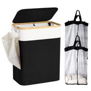 laundry hamper with lid, 150l large laundry basket with bamboo handles and removable bags, collapsible dirty clothes hamper, 2 section laundry bin organizer for bedroom,bathroom,laundry room, black