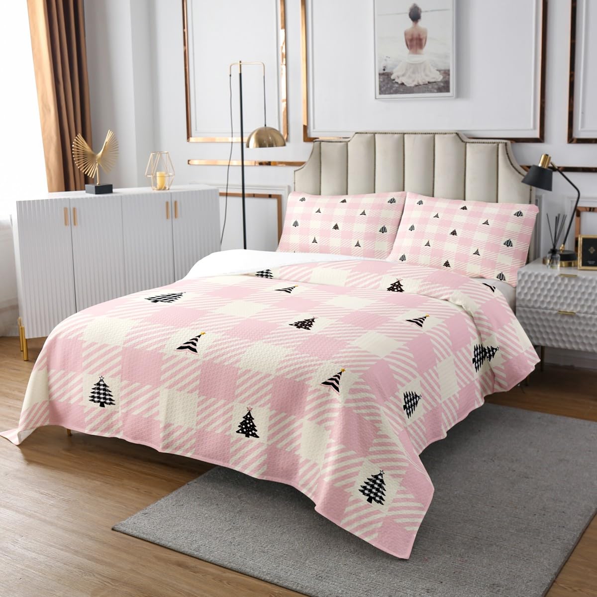 jejeloiu Girls Christmas Bedspread Xmas Theme Buffalo Check Checkered Coverlet Set King Size for Kids Teens Pink Christmas Tree Quilted Coverlet Plaid Grid Quilted with 2 Pillow Case