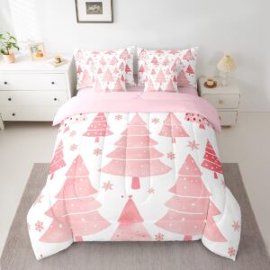 feelyou pink christmas comforter set with sheets christmas tree bed in a bag for kids boys girls bedroom bed decor christmas snowflake 7 piece bedding set king size xmas christmas bed set