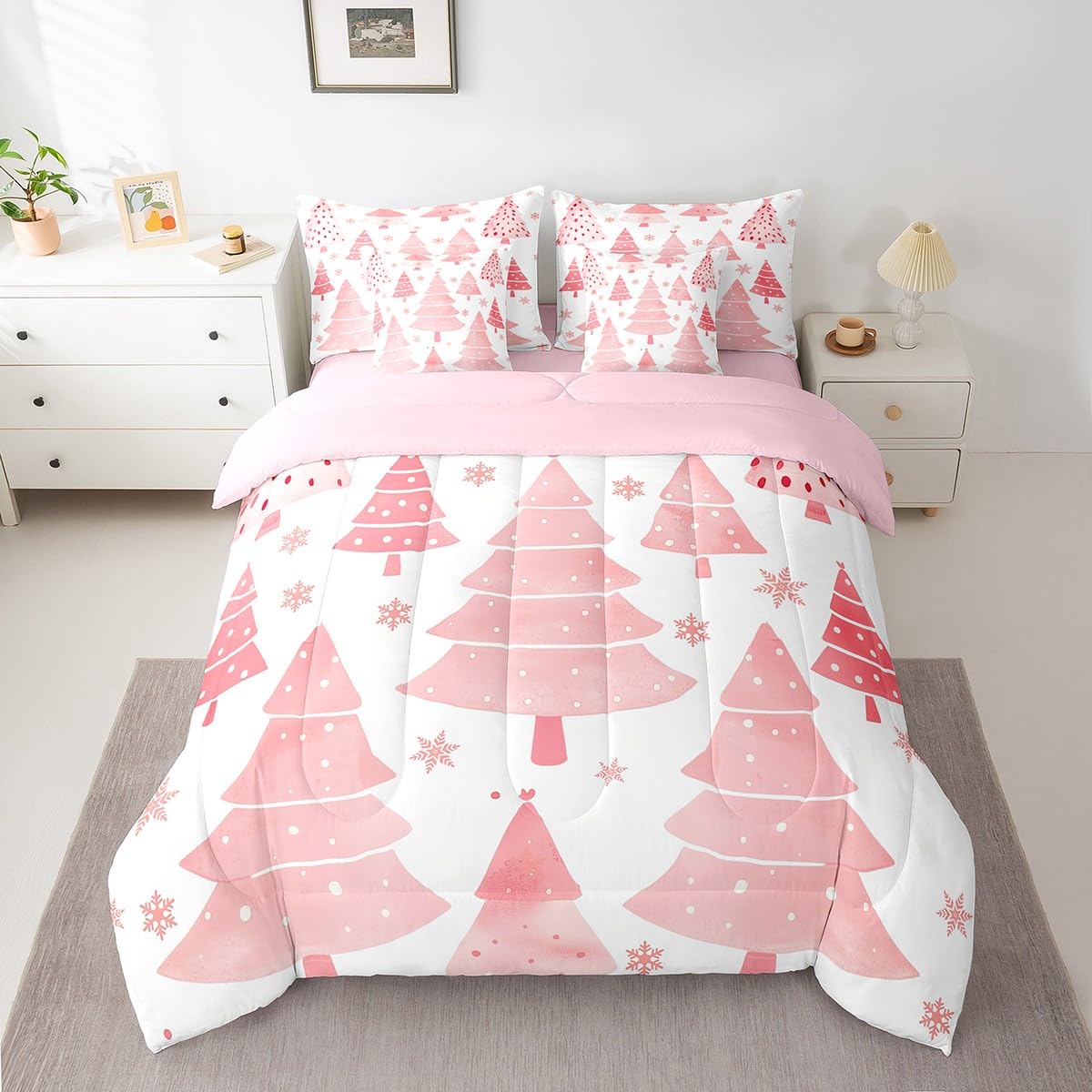 Feelyou Pink Christmas Comforter Set with Sheets Christmas Tree Bed in a Bag for Kids Boys Girls Bedroom Bed Decor Christmas Snowflake 7 Piece Bedding Set King Size Xmas Christmas Bed Set