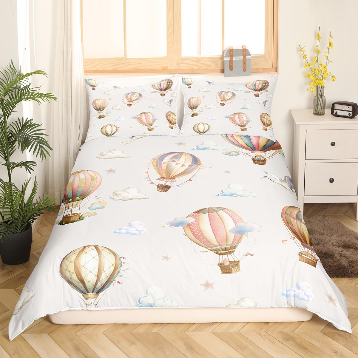 Hot Air Balloon Duvet Cover Set Twin Size,Cloud Starry Sky Cartoon Balloons Bedding Set,Boys Girls Room Decor,White Crane Bird Animal Comforter Cover,Beige Quilt Cover,1 Pillowcase(No Comforter)