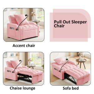 Hison 3-in-1 Convertible Chair Bed Sleeper Pull Out Sofa Bed with Adjustable Backrest,Phone Holder,USB Ports,Cup Holders,Side Pockets for Living Room,Apartment,Small Space,Pink