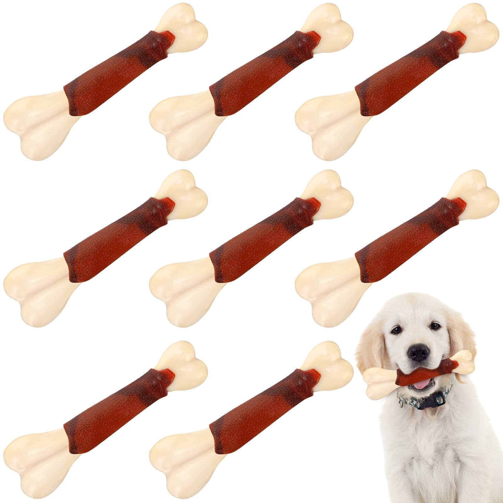 Seenelling 8 Pcs Bones Shaped Dog Toys for Aggressive Chewers, Dog Chew Toys Nylon Beef Flavor Tough Puppy Teething Toys Chew Bones Gift for Medium and Small Dog