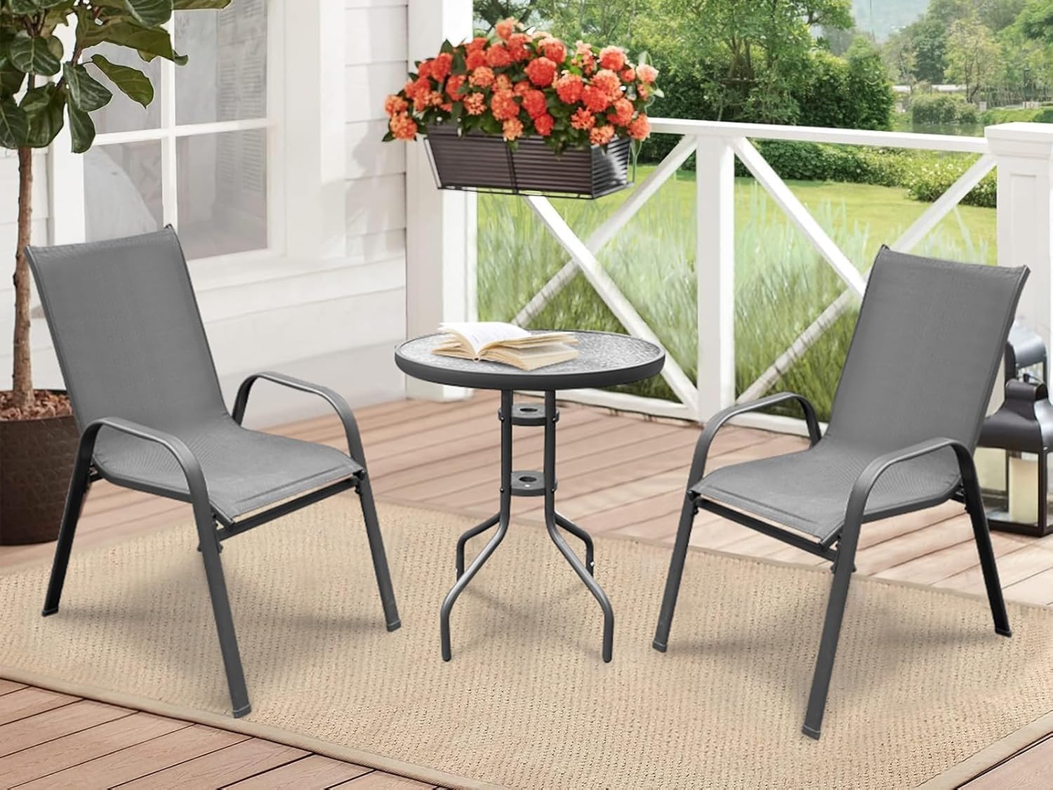 SONGBATE Large Patio Bistro Set 36" Table & 2 Chairs | Modern Metal Frame with Textilene Fabric | Stylish Outdoor Dining & Conversation Furniture (Extra Large)