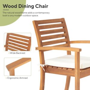 Olaterior Acacia Wood Patio Dining Chairs, Outdoor Dining Chairs Set of 6, Stackable Patio Wooden Chair with Armrests & Removeable Cushions for Backyard, Garden, Indoor, Cream