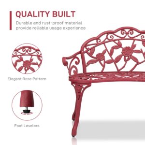 CIPACHO Outdoor Cast Aluminum Patio Bench, Garden Bench with Curved Legs Rose Pattern,Porch Bench Chair for Park Balcony Backyard Outdoor Furniture (Red)