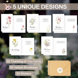 HiABNRT 50 Funeral Thank You Cards with Envelopes 4x6in Watercolor Wildflower Bereavement Sympathy Thank You Card with 5 Designs for Funeral Celebration of Life, Bulk, Message Inside