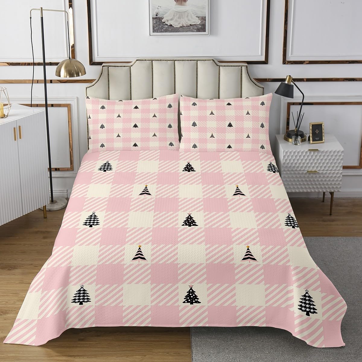 jejeloiu Girls Christmas Bedspread Xmas Theme Buffalo Check Checkered Coverlet Set King Size for Kids Teens Pink Christmas Tree Quilted Coverlet Plaid Grid Quilted with 2 Pillow Case