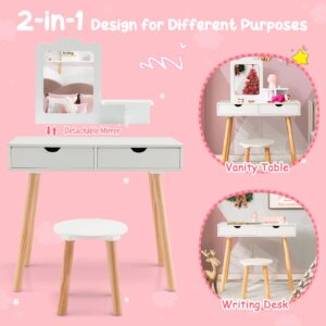 FIREFLOWERY Kids Vanity, Kids Makeup Vanity w/Open Storage Shelve & 2 Large Drawers, Wooden Princess Play Vanity Table, Toddler Vanity, Girls Vanity Set with Mirror and Stool for Bedroom (White)