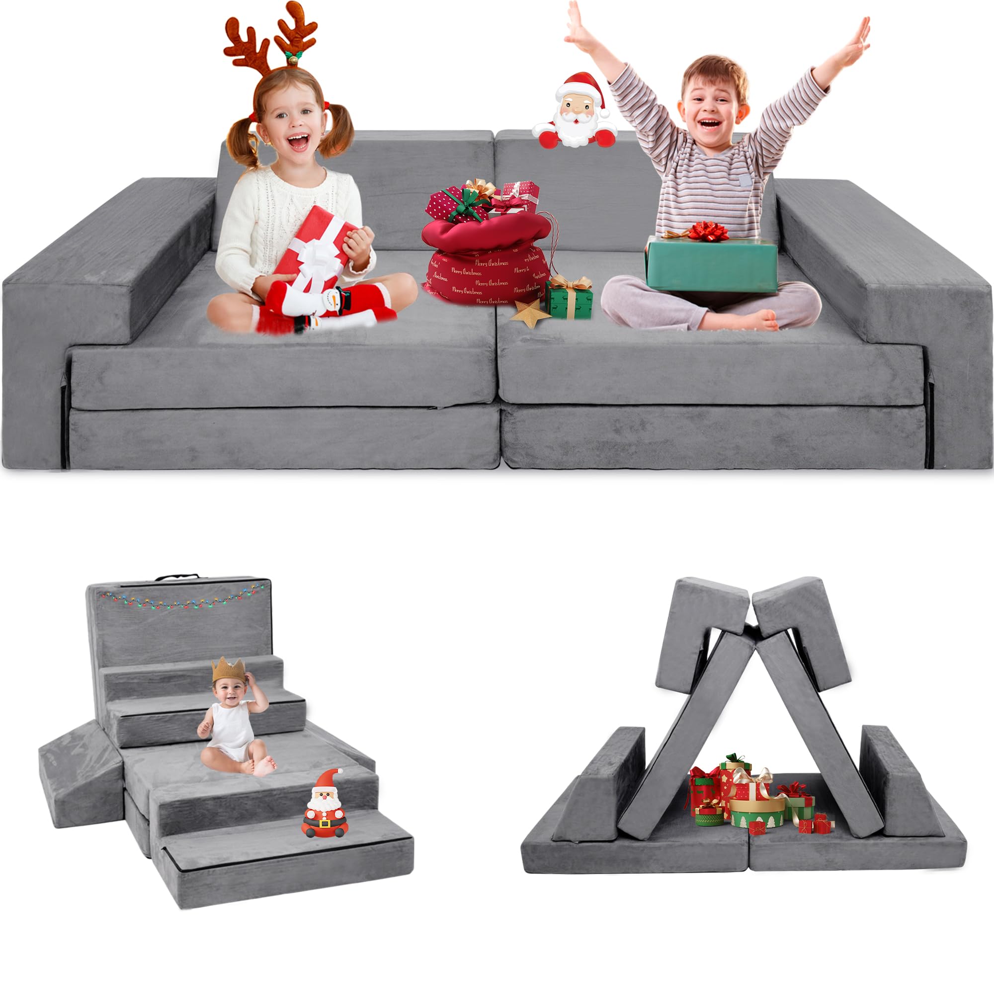 LFCREATOR Kids Play Couch,Modular Couch for Toddler and Baby Playroom/Bedroom,Imaginative Convertible Play Couch for Boys Girls.Gift for Kids,Grey