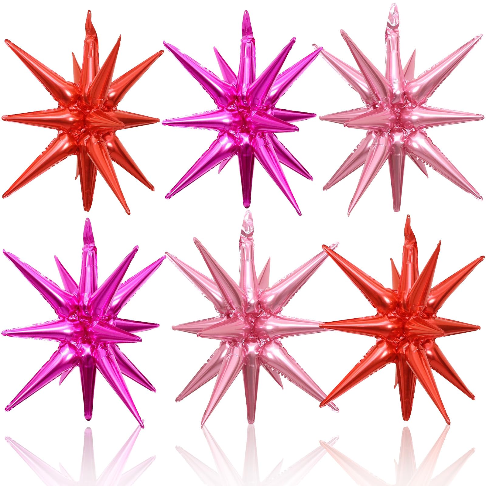 HILAVO 6PCS Star Balloons, 22Inch Huge Hot Pink Red Pink Explosion Star Balloon Foil Spike Balloons Star Cone Balloons for Girls Women Birthday Bridal Shower Valentine's Day Party Decorations