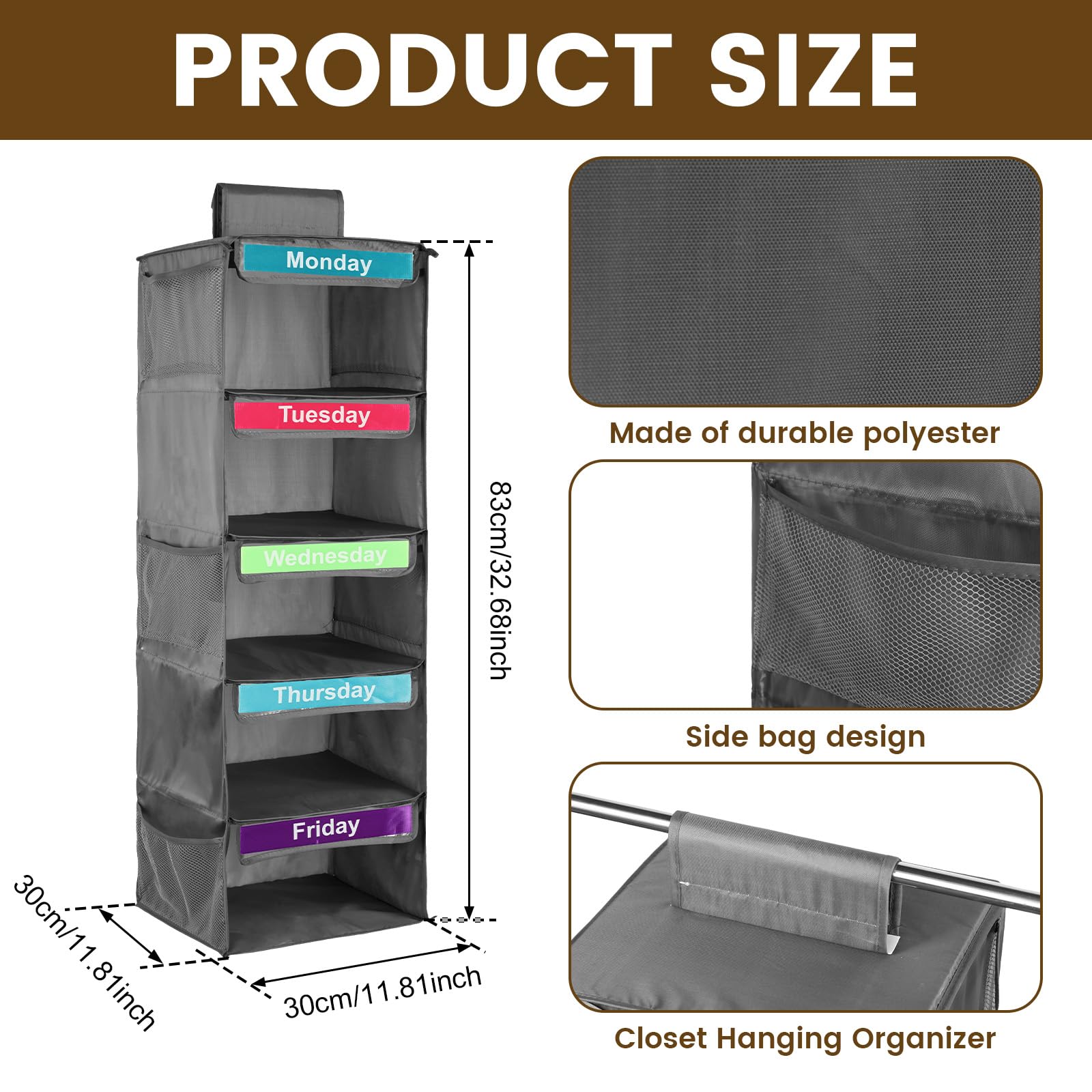 Weekly Clothes Organizer for Kids 5-Shelf Days of The Week Clothes Organizer Shelf Hanging Kids Closet Organizer Versatile Kids Weekly Clothes Organizer for Hats T-Shirts Bags Towels Underwear (Gray)