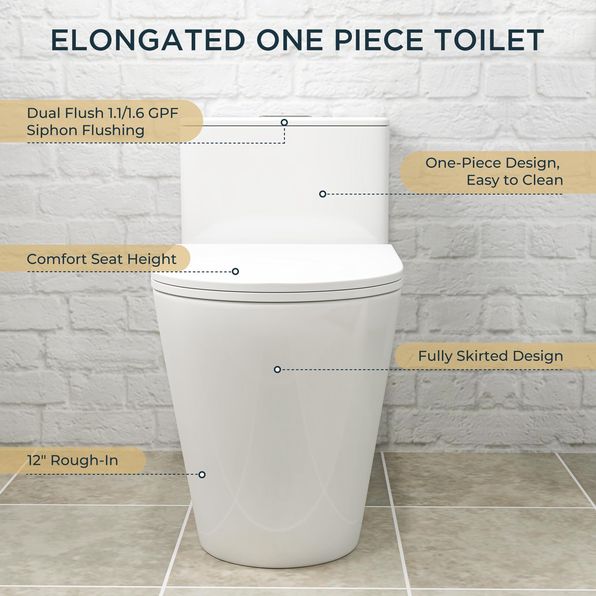 Compact One Piece Toilet, Dual Flush 1.1/1.6 GPF Elongated Standard Toilet for Bathroom, Comfort Height Seat, Modern Compact Standard Toilet for Bathroom, 12" Rough-In, White