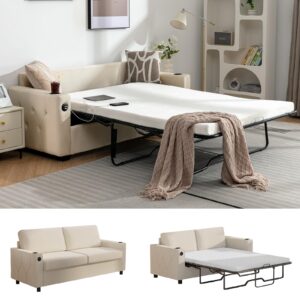 puremind queen pull out sofa bed, velvet 2-in-1 sleeper sofa bed with usb & cup holders, 67" sleeper loveseat couch bed with folding mattress, pull out bed for living room, small spaces, beige