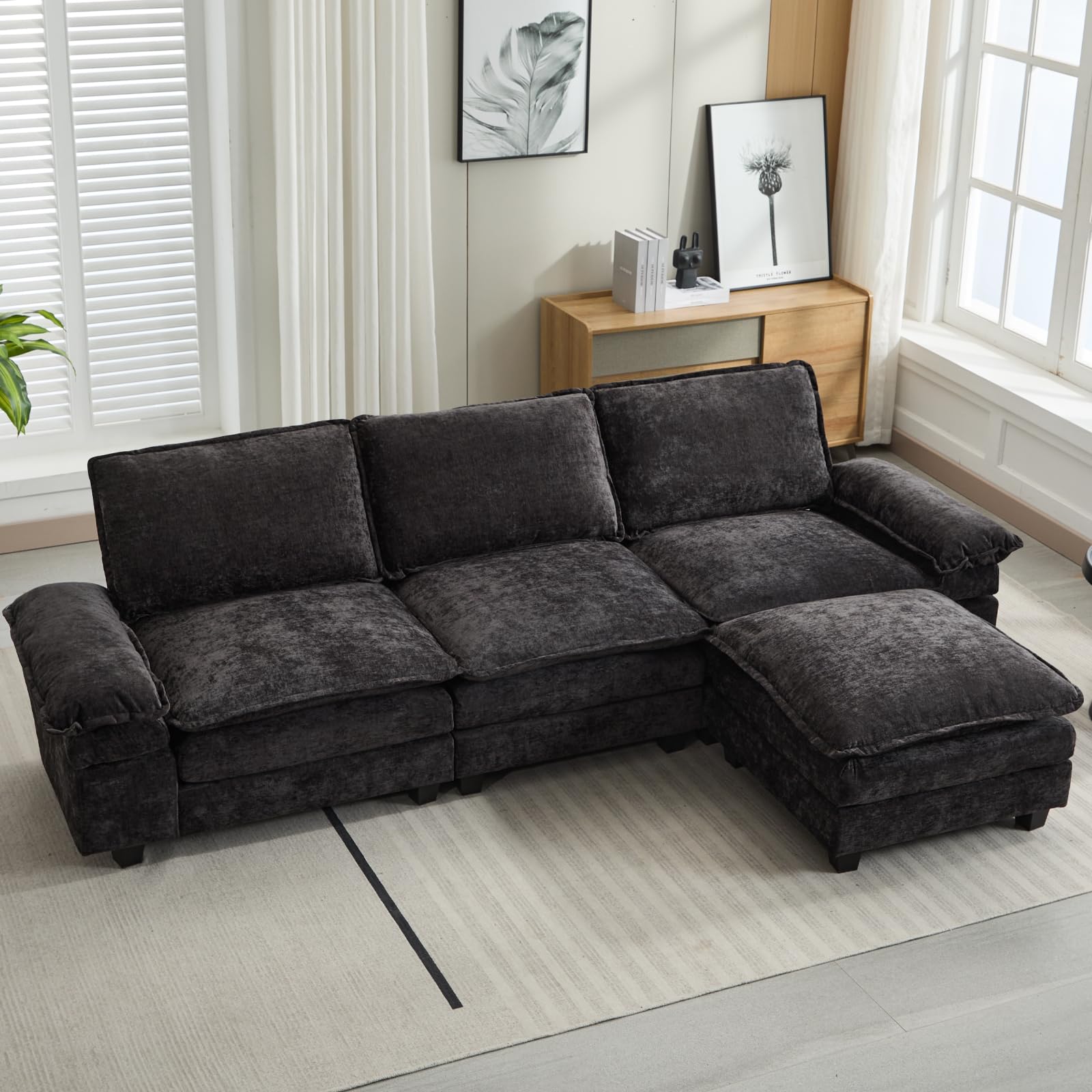 L Shaped Couch Sectional Sofa Couch with Ottoman, Cloud Couch Sectional Couches for Living Room, Modern Modular Sectional Sofa Sleeper Sofa Comfy Upholstered Furniture for Apartment (Black, 4-Seater)