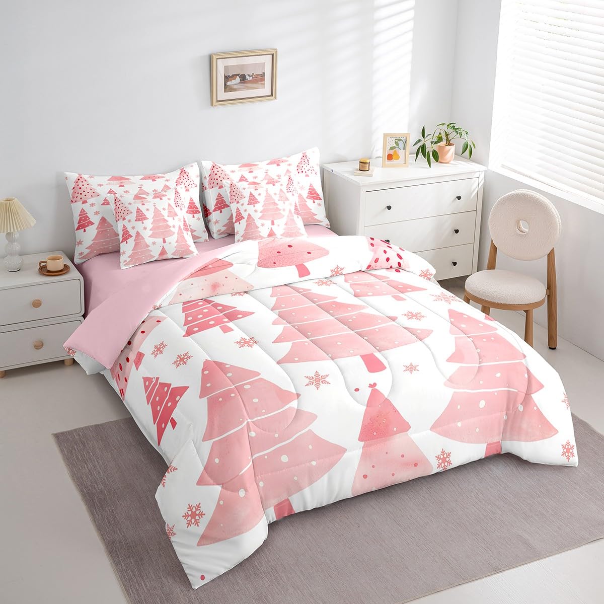 Feelyou Pink Christmas Comforter Set with Sheets Christmas Tree Bed in a Bag for Kids Boys Girls Bedroom Bed Decor Christmas Snowflake 7 Piece Bedding Set King Size Xmas Christmas Bed Set