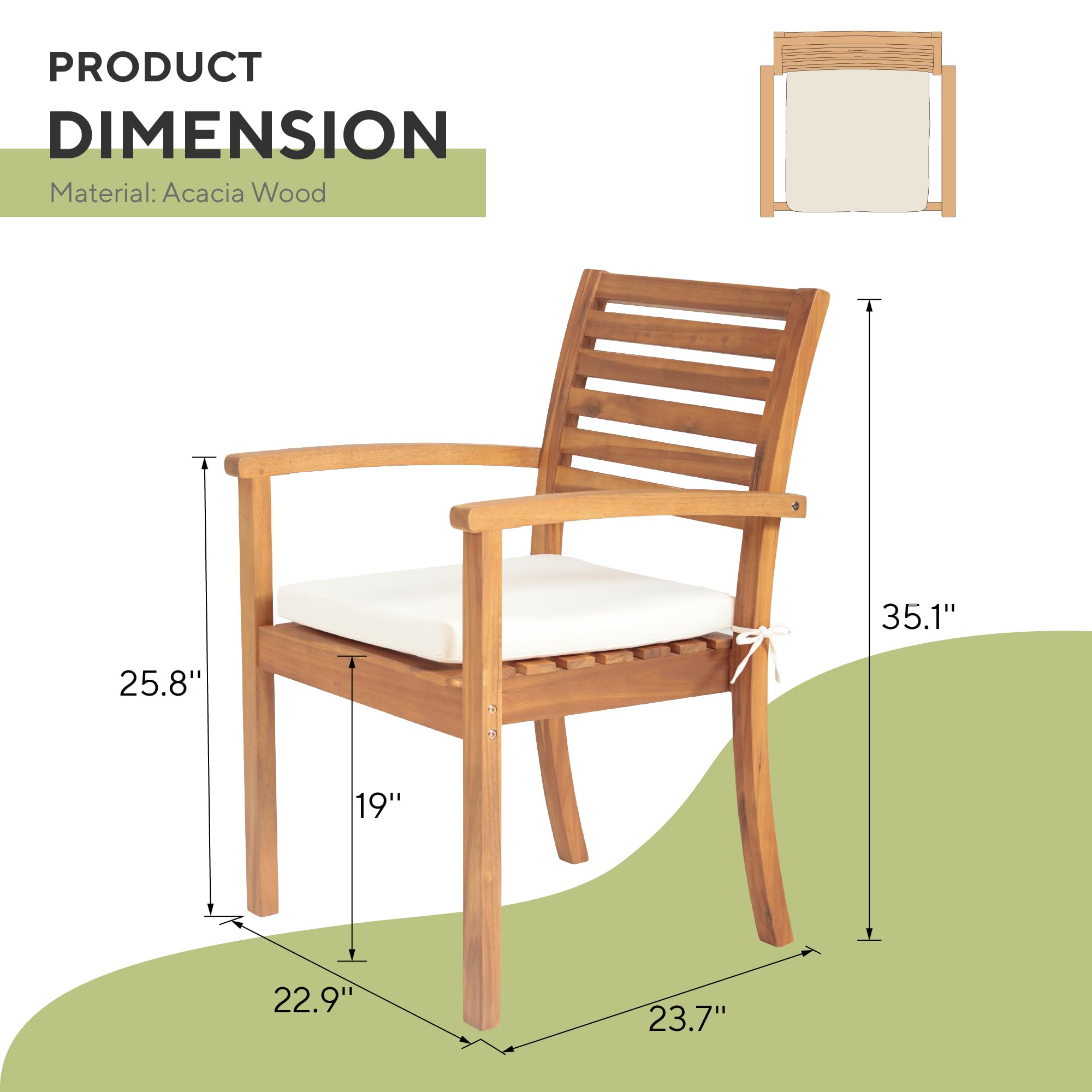 Olaterior Acacia Wood Patio Dining Chairs, Outdoor Dining Chairs Set of 6, Stackable Patio Wooden Chair with Armrests & Removeable Cushions for Backyard, Garden, Indoor, Cream