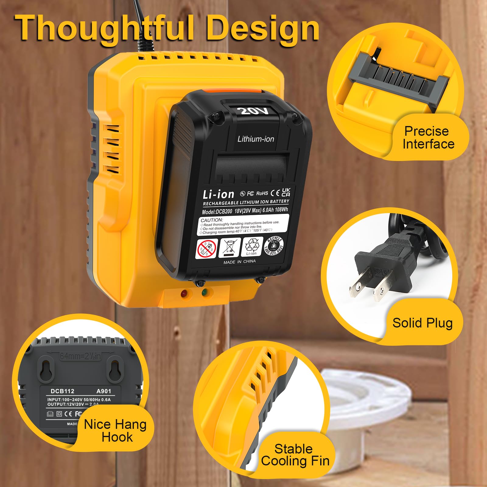 Lenoya DCB112 Charger Repalcement for Dewalt 12v/20v Battery Charger Compatible with Dewalt 12v/20v Max Battery DCB200 DCB203 DCB125 DCB107 Yellow