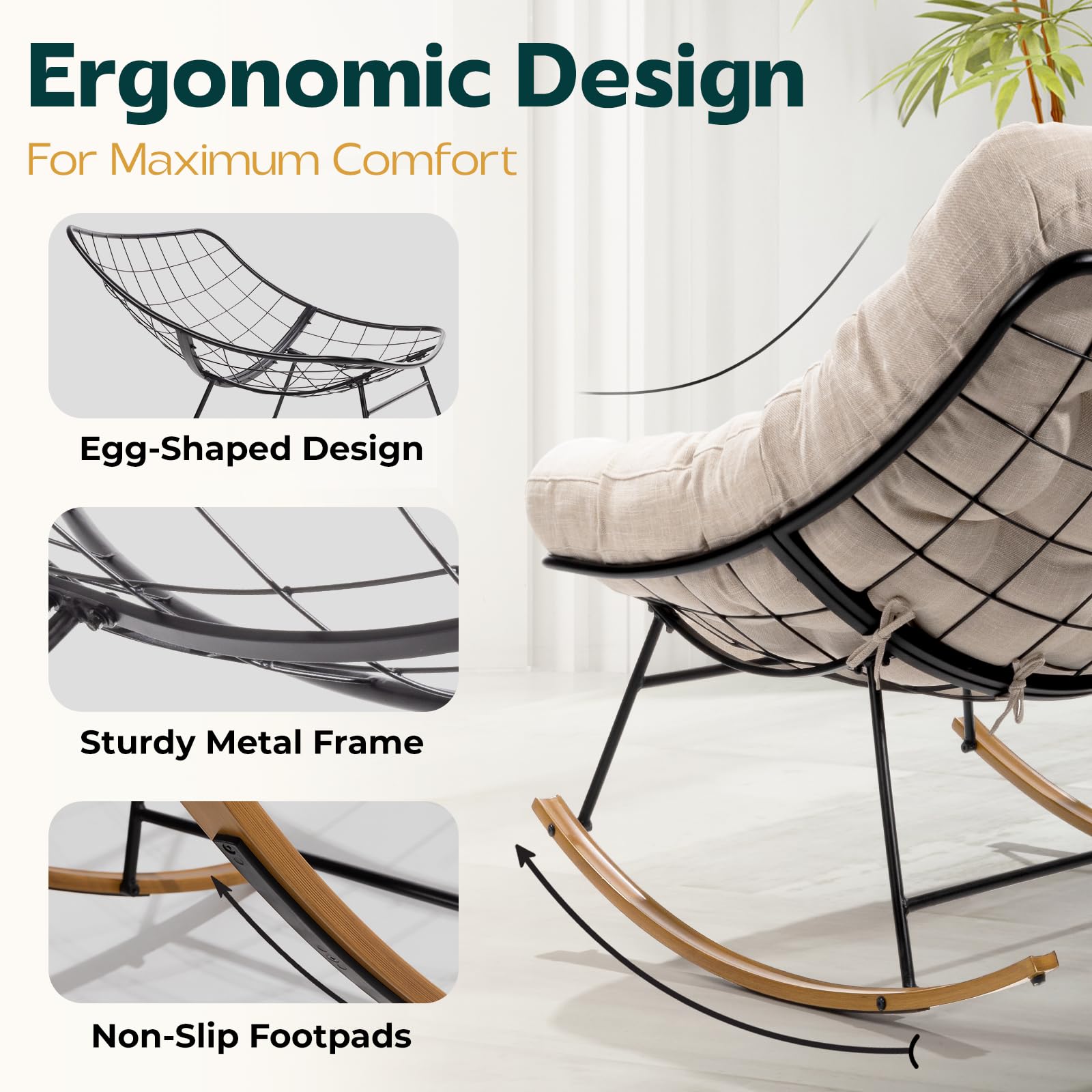 Bme Patio Rocking Chair Outdoor & Indoor with Ottoman, Metal Patio Lounge Rocking Chair with Thick Cushion, Comfy Modern Rocker Chair, Beige Cushion - Wood Texture Rocker