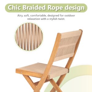 Olaterior 3 Piece Acacia Wood Patio Bistro Set, Outdoor Folding Bistro Table and Chairs Set of 2, Small Rope Conversation Set, Patio Furniture for Apartment Balcony Deck Porch, Beige