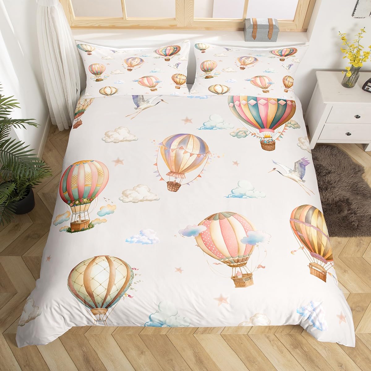 Hot Air Balloon Duvet Cover Set Twin Size,Cloud Starry Sky Cartoon Balloons Bedding Set,Boys Girls Room Decor,White Crane Bird Animal Comforter Cover,Beige Quilt Cover,1 Pillowcase(No Comforter)