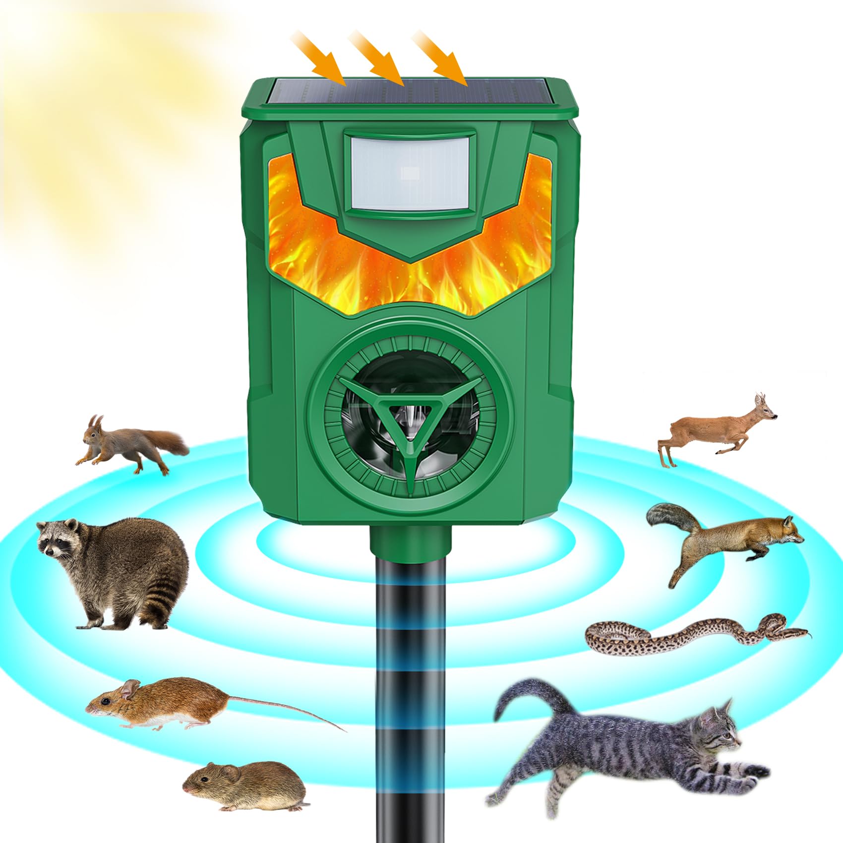 Solar Ultrasonic Animal Repeller Outdoor, Squirrel Deer Repellent, Ultrasonic Raccoon Repellent with Motion Sensor for Skunk, Fox, Deer, Wolf, Coyote, Rabbit, Mole