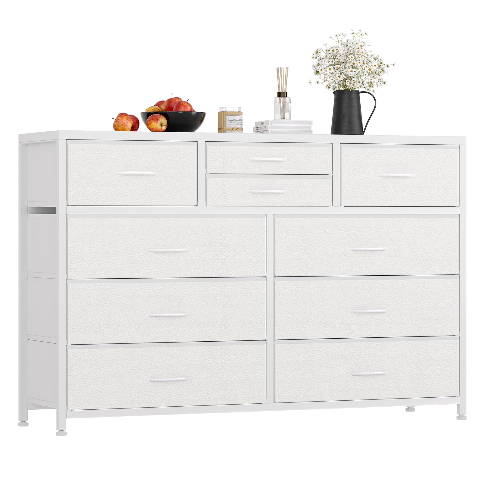 GarveeHome White Dresser for Bedroom, Wide Dressers & Chest of Drawers for Closet, 47 inch TV Stand with Big Storage, Long 10 Drawers Fabric Dresser with Metal Frame for Living Room, Closet