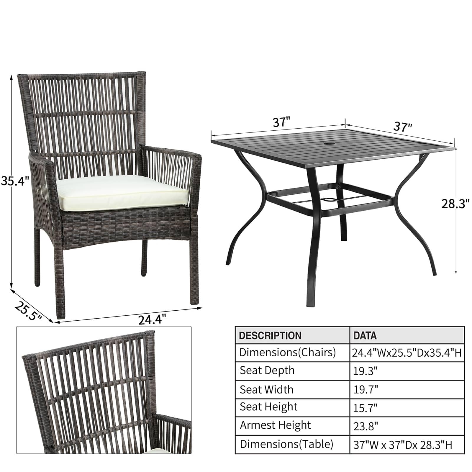 PatioFestival Patio Dining Set 5 Pieces Outdoor Furniture Sets Outside Metal Square Table Wicker Chairs with Galvanized Steel Frame Beige Cushion