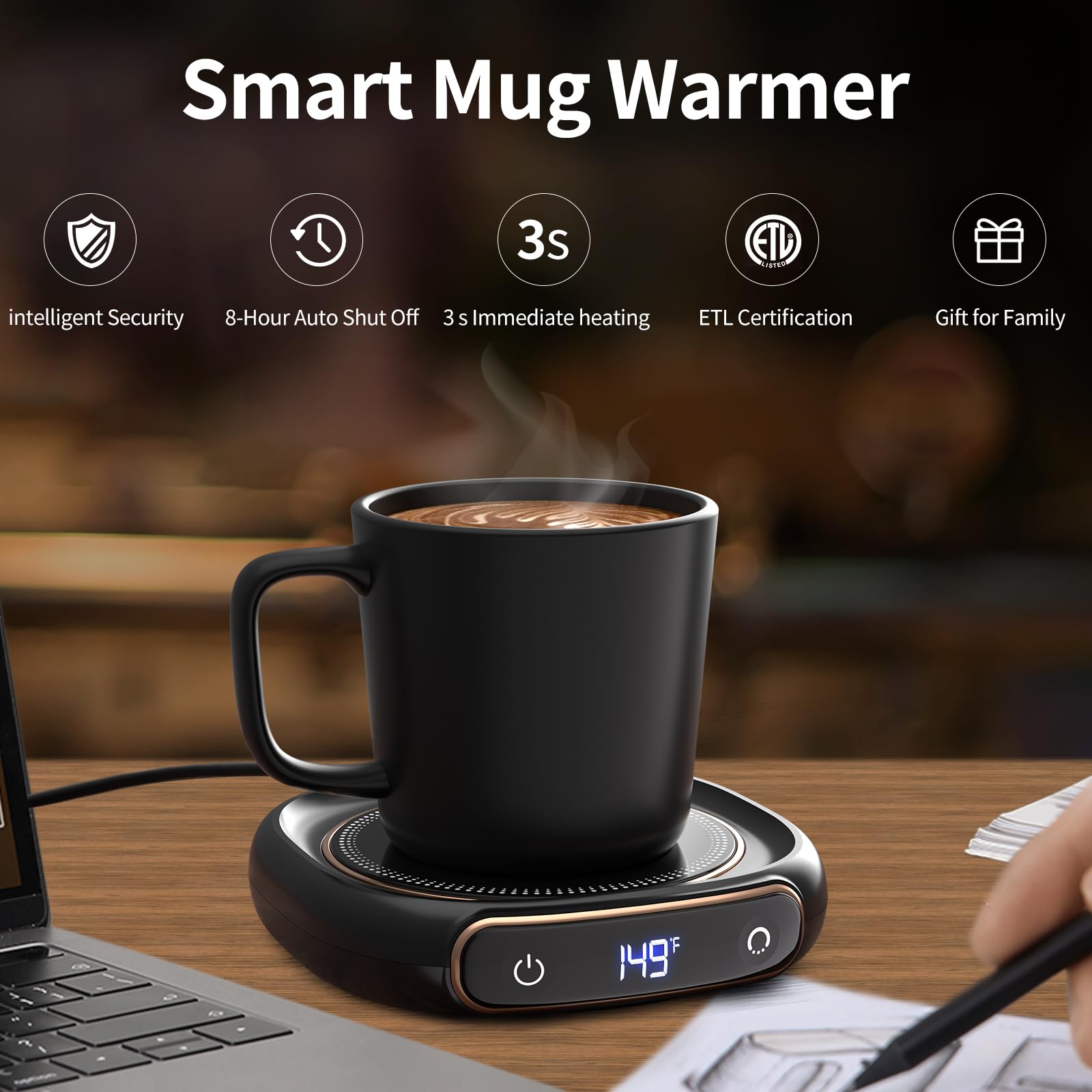 Lerat Coffee Mug Warmer & Mug Set for Desk, Electric Coffee Cup Warmer with Auto Shut Off, 3 Temperature Setting Smart Cup Warmer for Heating Coffee, Milk, Beverage, Candle Jar, 12oz(Light Black)