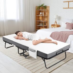 MAMIZO Portable Folding Bed with Mattress - 75" x 38" Twin Size Rollaway Bed with Mattress, with 4-inch Thick Luxurious Memory Foam Mattress and a Sturdy Metal Frame, Space Saving Roll Away Bed