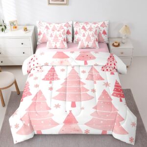 Feelyou Pink Christmas Comforter Set with Sheets Christmas Tree Bed in a Bag for Kids Boys Girls Bedroom Bed Decor Christmas Snowflake 7 Piece Bedding Set King Size Xmas Christmas Bed Set