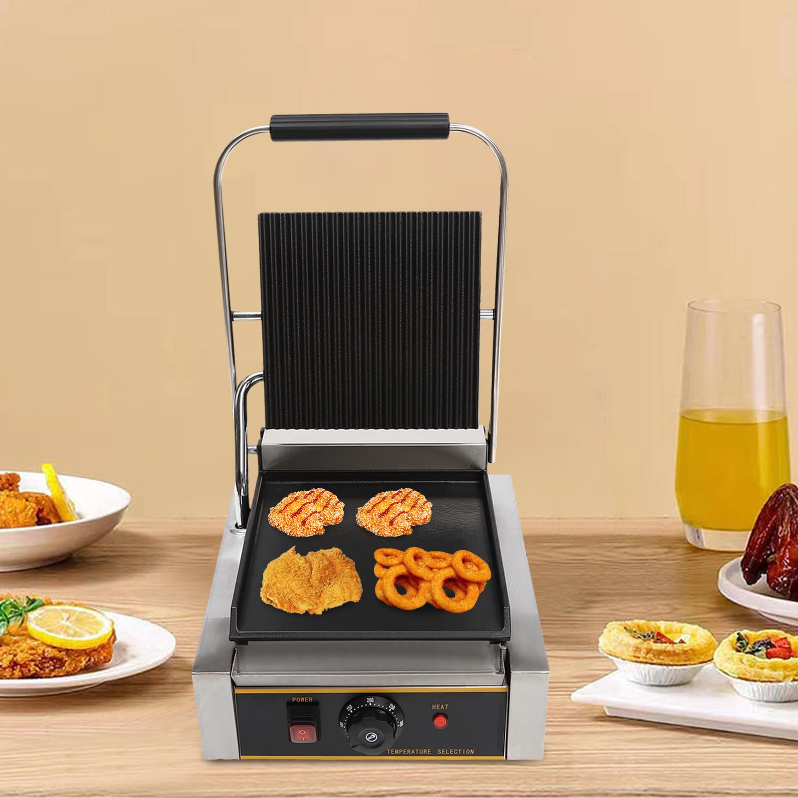 110V Stainless Steel Sandwich Maker, Commercial Sandwich Panini Press Grill, 1800W Up Grooved and Down Flat Plates Electric Sandwich Maker, for Hamburgers, Bacons, Grill Bread, Chicken, Beef