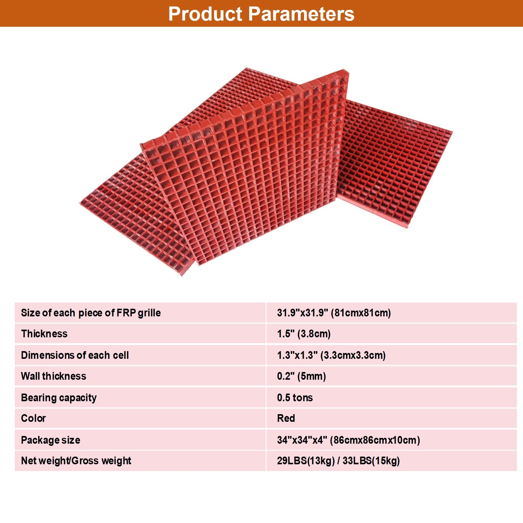 Banfluxion 31.9"x31.9" Red FRP Grating Fiberglass Floor Grating 0.5 tons Bearing Capacity 1.5" Thickness