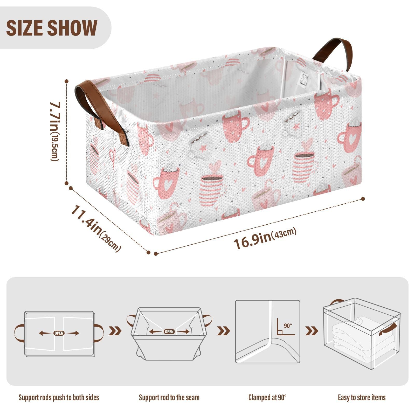 Exnundod Collapsible Storage Bin Pink Coffee Hearts Organizer Storage Shelf Basket Cute Valentine's Day Storage Boxes with Handles for Closet Blanket Toys Home Dorm Office